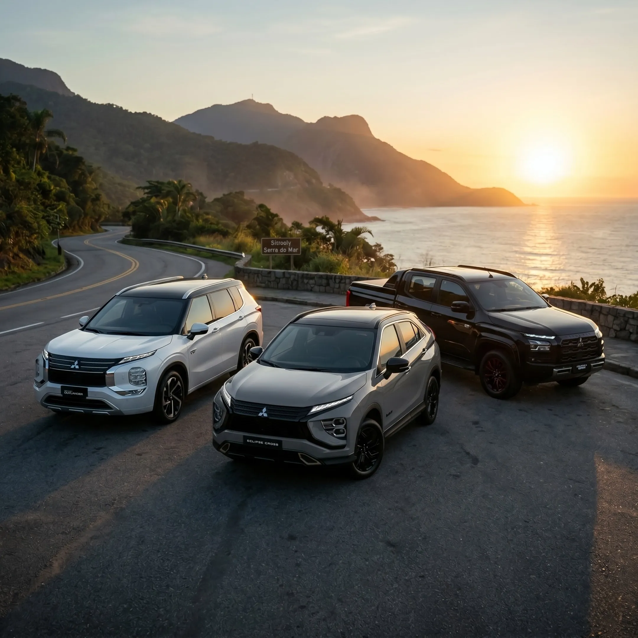 Outlander, Eclipse Cross e Triton lado a lado numa estrada litorânea ao pôr do sol