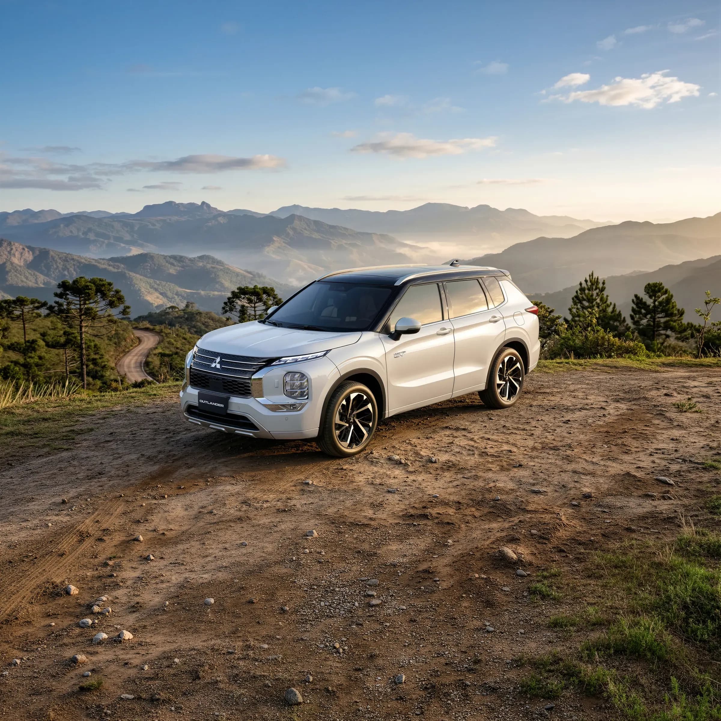Outlander branco numa estrada de terra com serra ao fundo