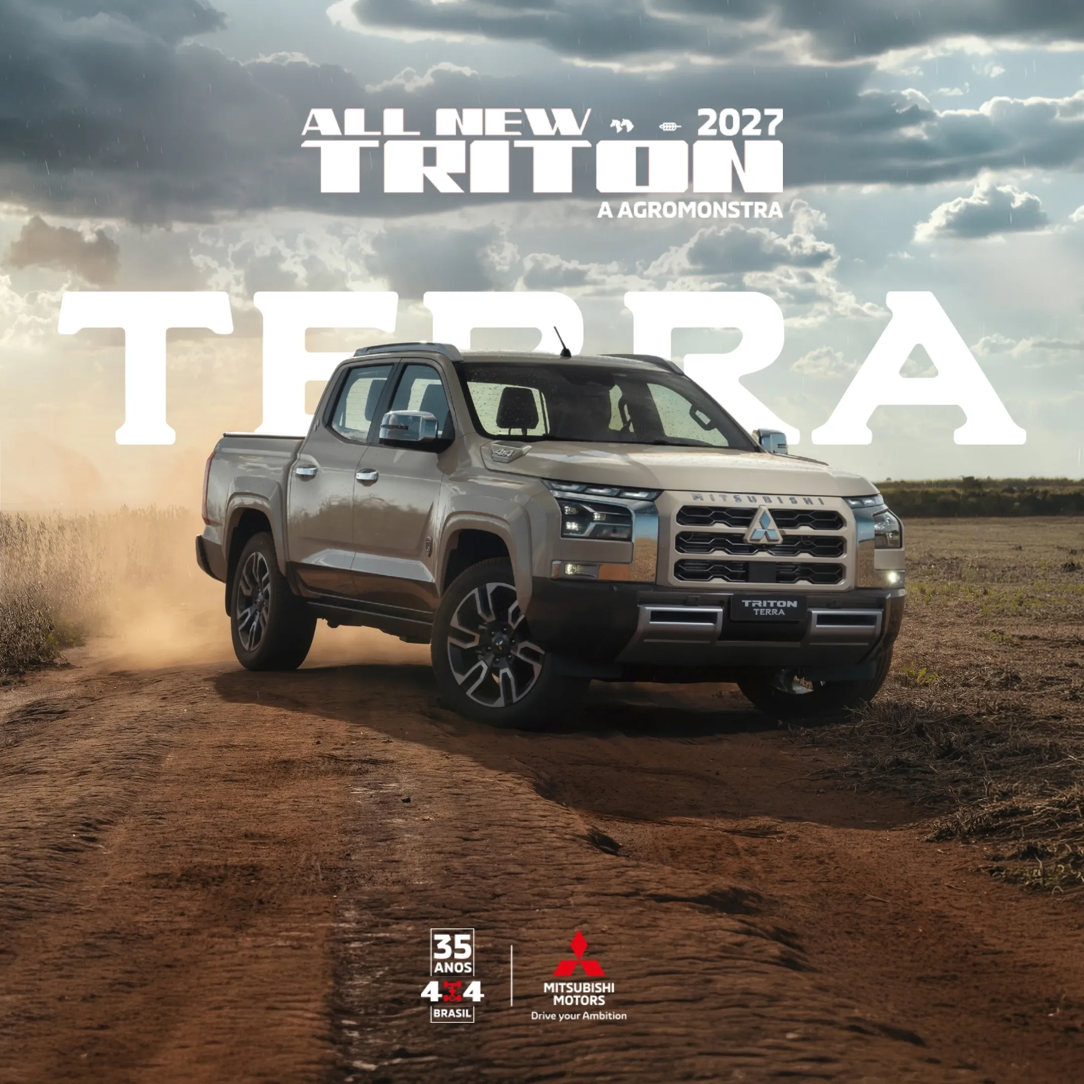 Triton Terra prata numa estrada de terra com a lavoura ao fundo