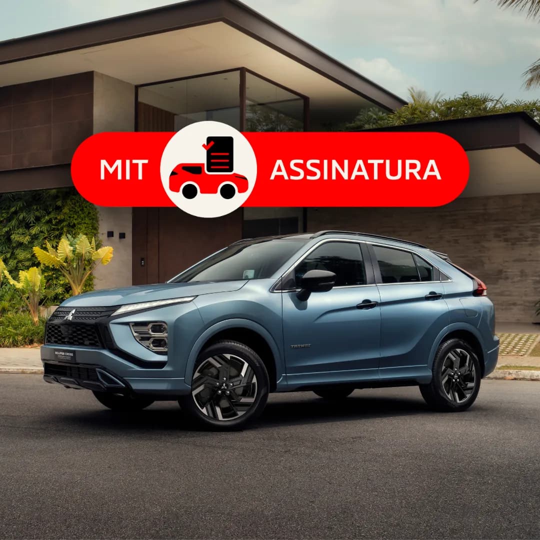 Eclipse Cross azul diante de uma casa moderna, com o selo MIT Assinatura