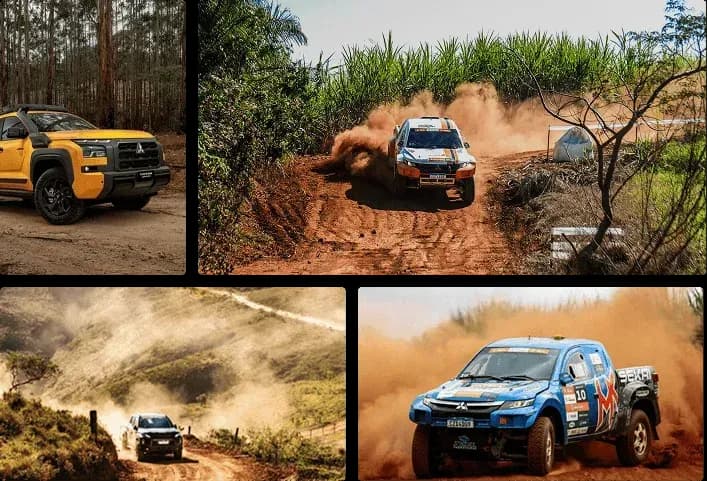 Mosaico de picapes Mitsubishi em trilhas de terra, lama e mata durante provas de rali